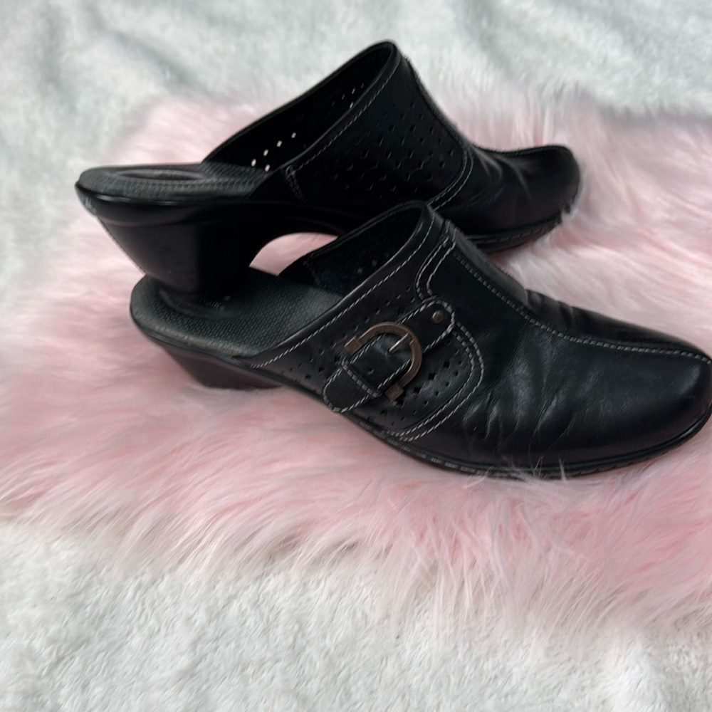 Soft Walk Leather Slip On Block Heel Comfort Mules Clogs 10 Black Buckle